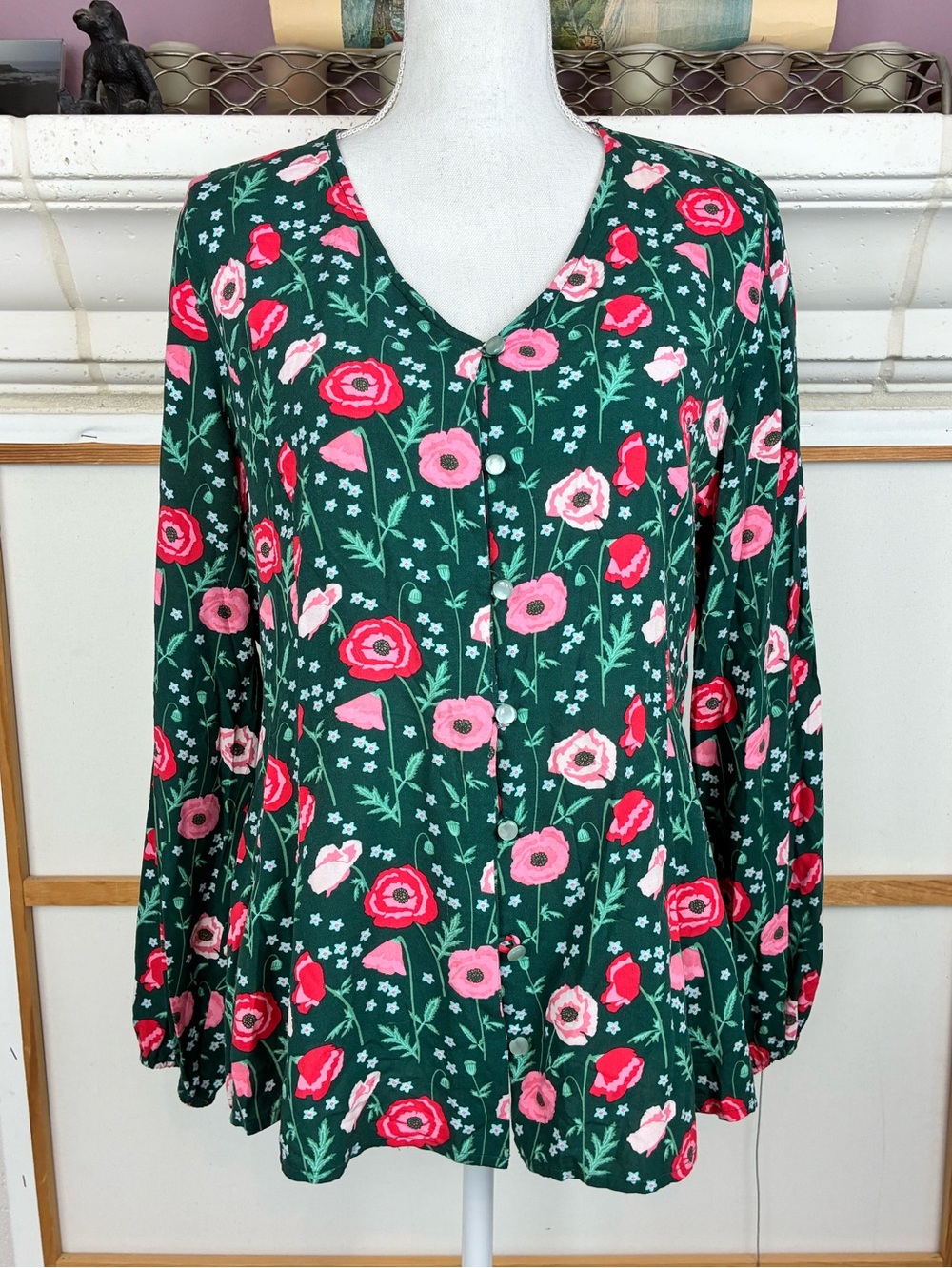 Matilda Jane Scandigirl Whimsical Emerald Green Floral V-Neck Button Blouse